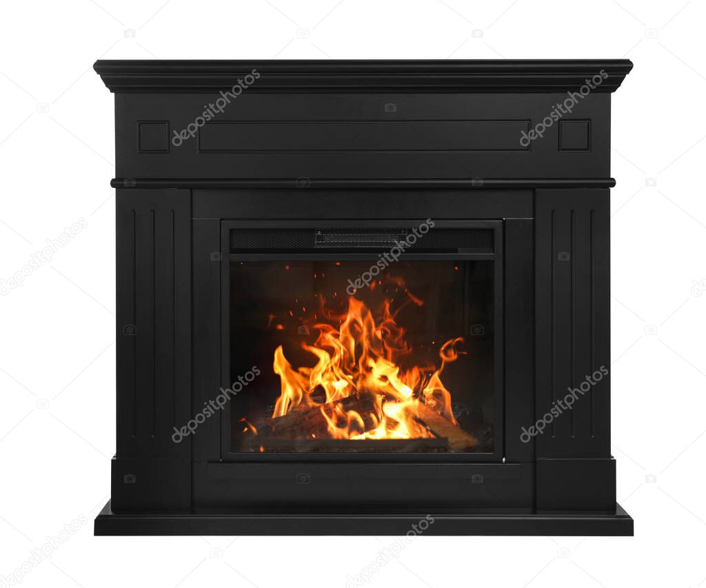 Decorative electrical fireplace isolated on white. Interior element