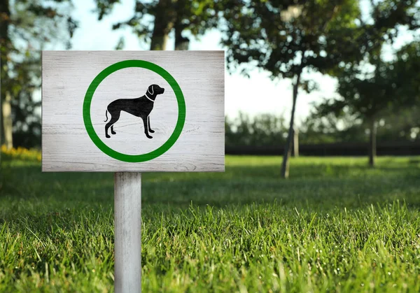 Ξύλινη Πινακίδα Dogs Ζωνη Στο Πράσινο Γρασίδι Στο Πάρκο — Φωτογραφία Αρχείου
