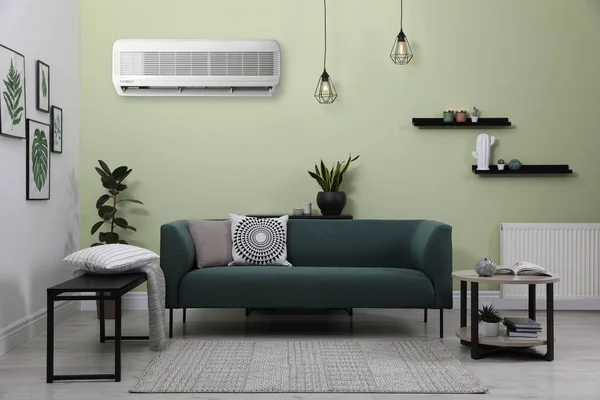 Modern Air Conditioner Light Green Wall Living Room Stylish Furniture — Foto de Stock