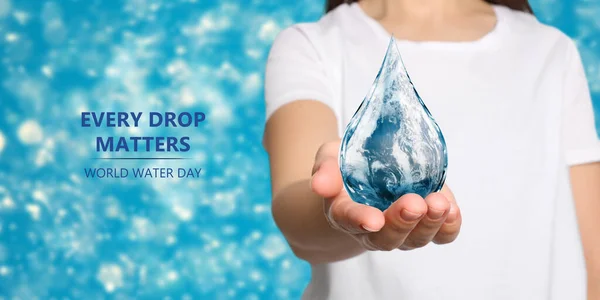 World Water Day Woman Holding Icon Drop Earth Image Blurred — Foto de Stock