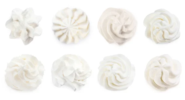 Set Delicious Fresh Whipped Cream White Background Top View — Fotografia de Stock