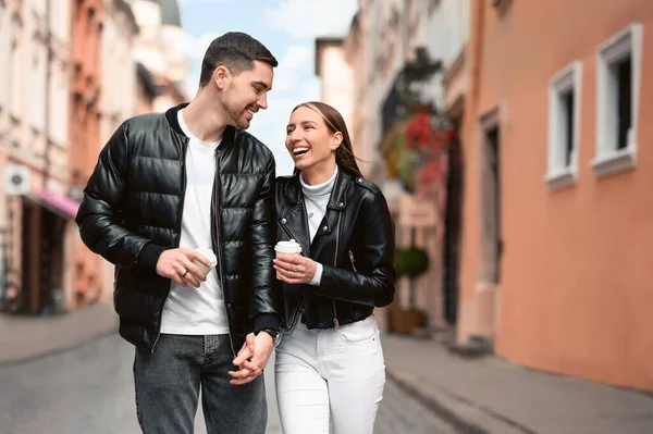 Lovely Young Couple Cups Coffee Walking Together City Street Romantic — Photo