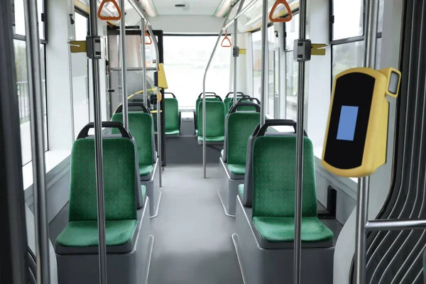 Public Transport Interior Comfortable Green Seats Contactless Fare Payment Devices — 스톡 사진