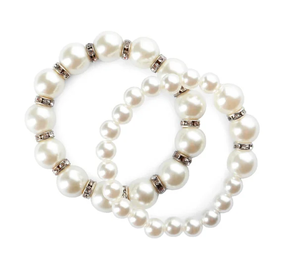 Elegant Pearl Bracelets White Background Top View — 图库照片