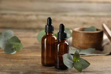 Okaliptüs şişeleri ahşap masa üzerinde gerekli yağ ve bitki dalları