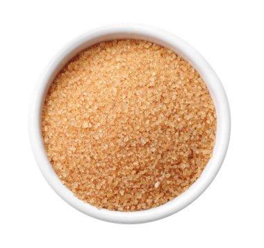 Kahverengi şeker beyaz kasede izole, üst manzara