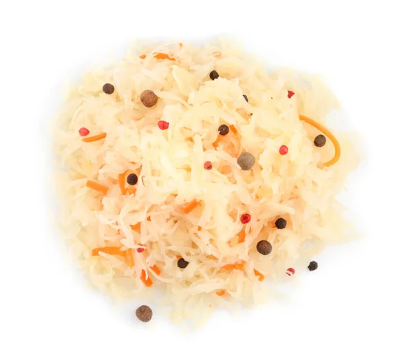 Tasty Sauerkraut Carrot Peppercorns White Background Top View — Φωτογραφία Αρχείου