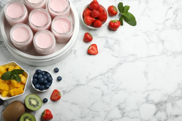 Moderno Fabricante Yogur Con Frascos Llenos Diferentes Frutas Mesa Mármol — Foto de Stock