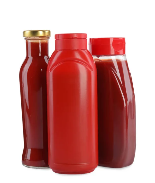 Different Bottles Ketchup White Background — Stok fotoğraf