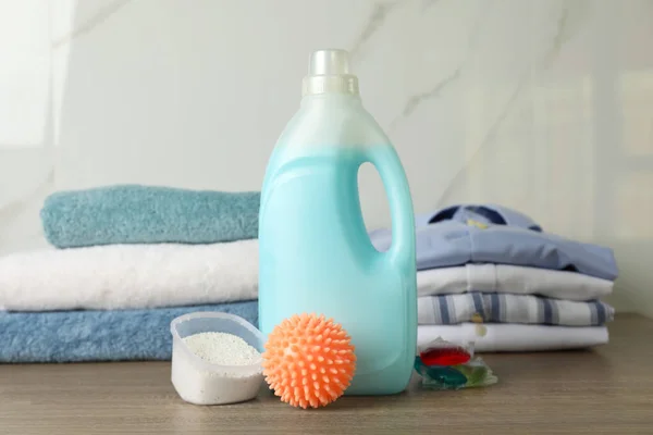 Orange Dryer Ball Detergents Clean Towels Clothes Wooden Table — Stock Photo, Image