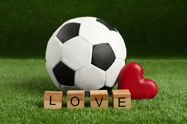 Soccer Ball Heart Cubes Word Love Green Grass — Foto de Stock