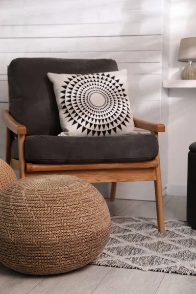 Stylish Comfortable Pouf Armchair Room Home Design — 图库照片
