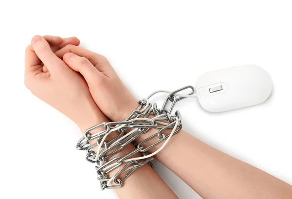 Woman Chained Computer Mouse White Background Top View Internet Addiction — 스톡 사진