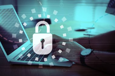 Cyber security concept. Illustration of lock and man working with laptop at wooden table, closeup