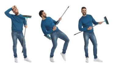 Beyaz arka planda süpürgesi olan yakışıklı bir adamın fotoğraflarıyla kolaj. Pankart tasarımı