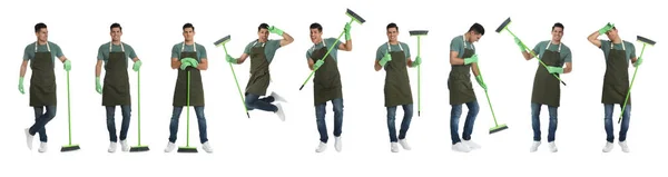 Collage Photos Handsome Man Broom White Background Banner Design — Stock Photo, Image