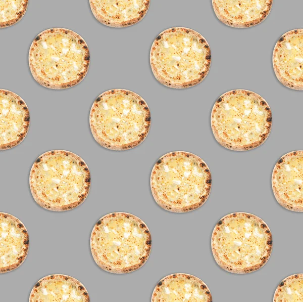 Many Delicious Cheese Pizzas Light Grey Background Flat Lay Seamless — Zdjęcie stockowe