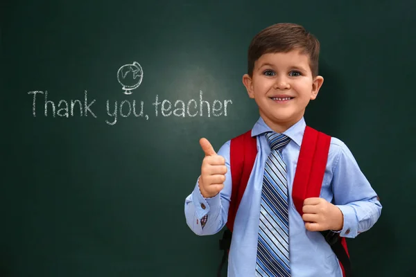 Cute Little Boy Chalkboard Phrase Thank You Teacher — Stockfoto