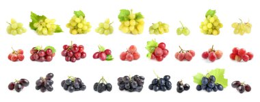 Set with different fresh ripe grapes on white background. Banner design