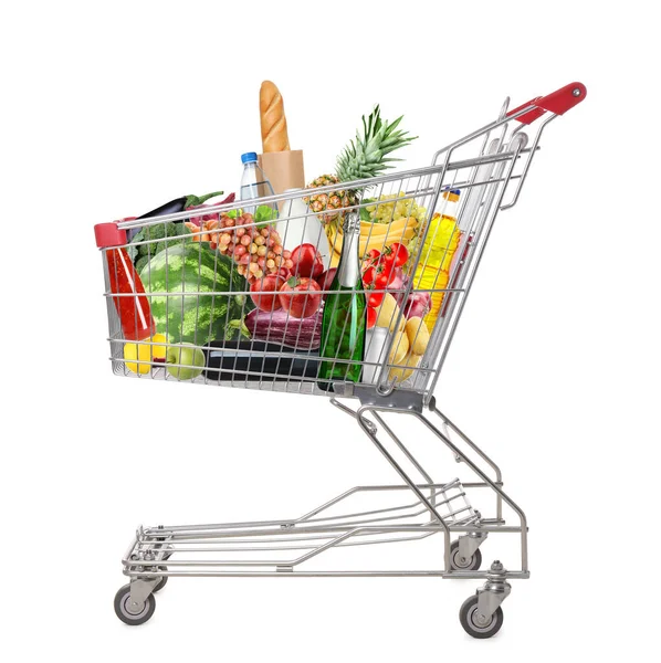 白い背景に食料品とショッピングカート — ストック写真