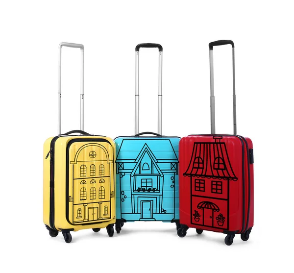 Different Suitcases Drawings Houses White Background Moving Concept — Stock Photo, Image