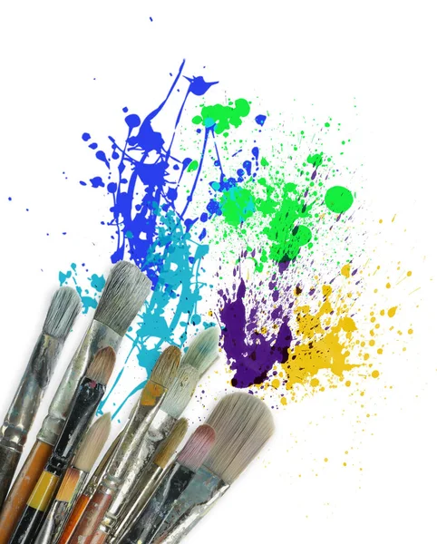 Different Brushes Paint Splatters White Background — Stockfoto