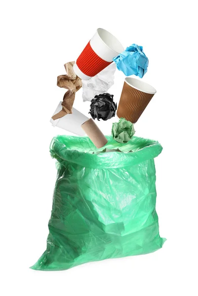 Different Garbage Falling Trash Bag White Background — Fotografia de Stock