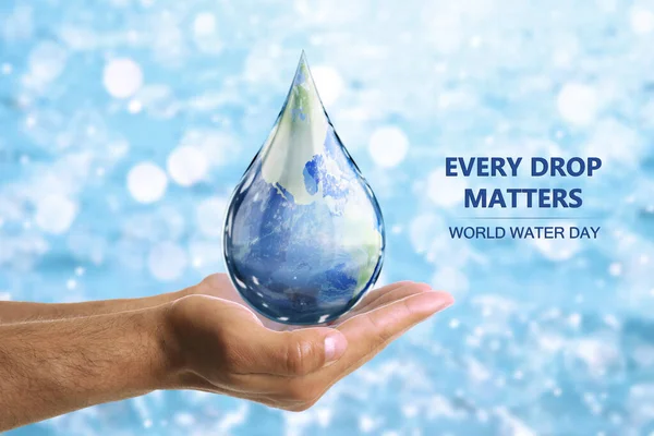 World Water Day Man Holding Icon Drop Earth Image Blurred — Stock Photo, Image