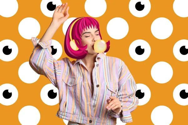 Young Woman Drawn Colorful Wig Headphones Dancing Orange Spotted Background — ストック写真