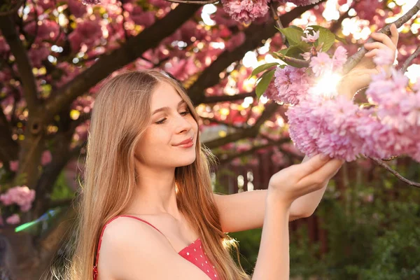 Hermosa Adolescente Cerca Del Árbol Sakura Flor Parque Día Soleado —  Fotos de Stock