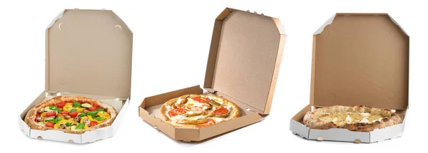 Set Different Delicious Hot Pizzas Cardboard Boxes White Background Banner — Φωτογραφία Αρχείου