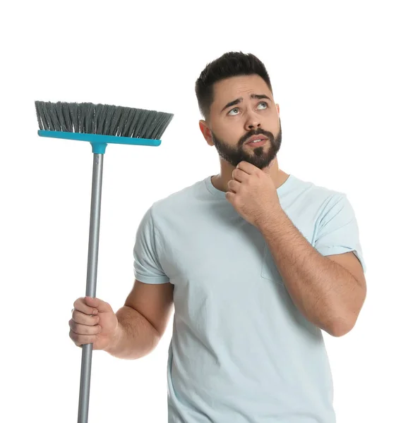 Thoughtful Young Man Broom White Background — 图库照片