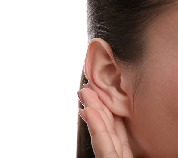 Young Woman Showing Hand Ear Gesture White Background Closeup — Foto de Stock