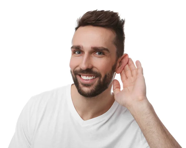 Man Showing Hand Ear Gesture White Background — Stock Photo, Image
