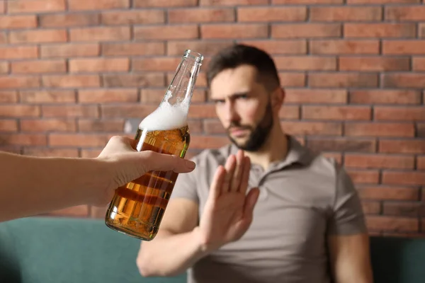 Man Refusing Drink Beer Indoors Closeup Alcohol Addiction Treatment — Foto de Stock