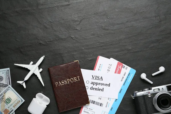 Flat Lay Composition Passport Toy Plane Tickets Black Table Space — Foto de Stock