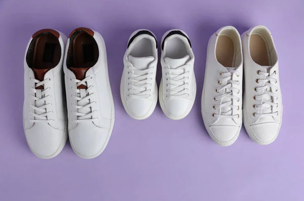 Set New Stylish White Sneakers Entire Family Violet Background Flat — ストック写真