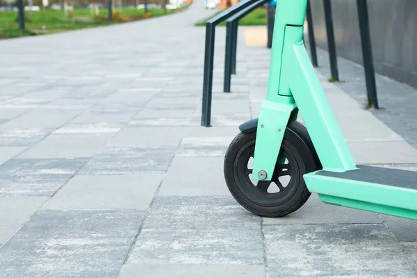 Closeup View Turquoise Kick Scooter Pavement Space Text — Stockfoto