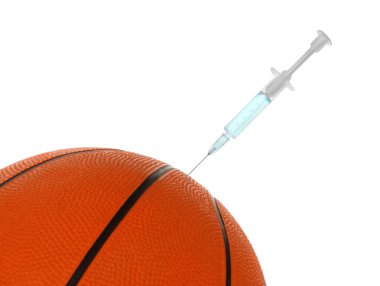 Beyaz arka planda şırıngası olan basketbol topu, yakın plan. Doping kavramı