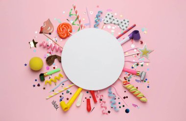 Flat lay composition with blank card and different party accessories on pink background, space for text. Birthday surprise