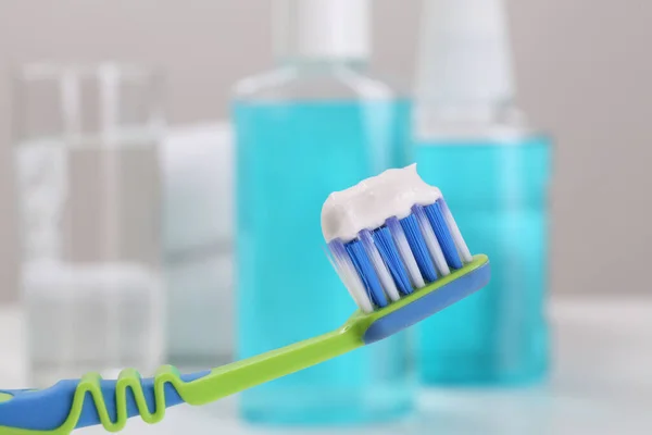 Toothbrush Paste Mouthwash Blurred Background Closeup — Stock Photo, Image