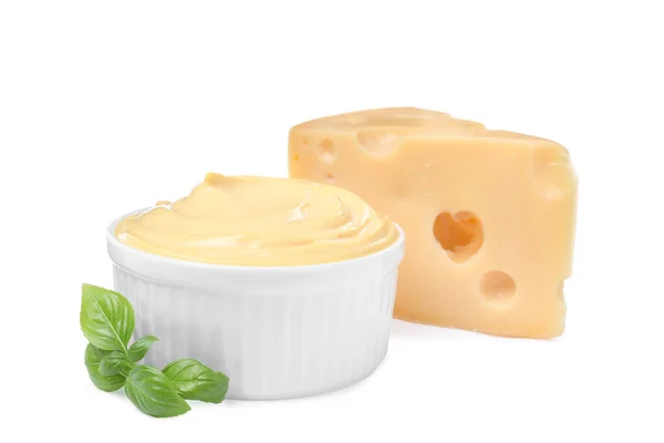 Tasty Cheese Sauce Basil White Background — ストック写真