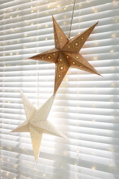 Beautiful Decorative Stars Festive Lights Hanging Window Indoors Christmas Atmosphere — Photo
