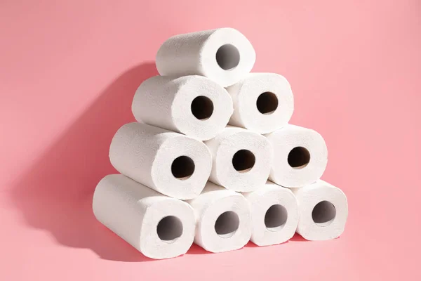 Many Rolls Paper Towels Pink Background — Stockfoto