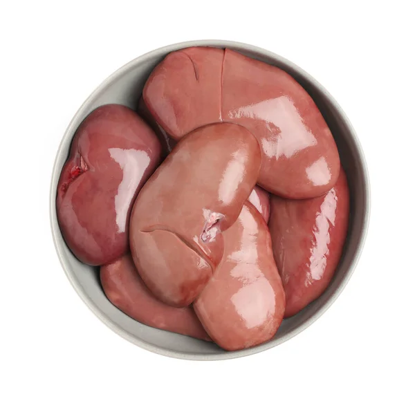 Bowl Fresh Raw Pork Kidneys White Background Top View — 스톡 사진