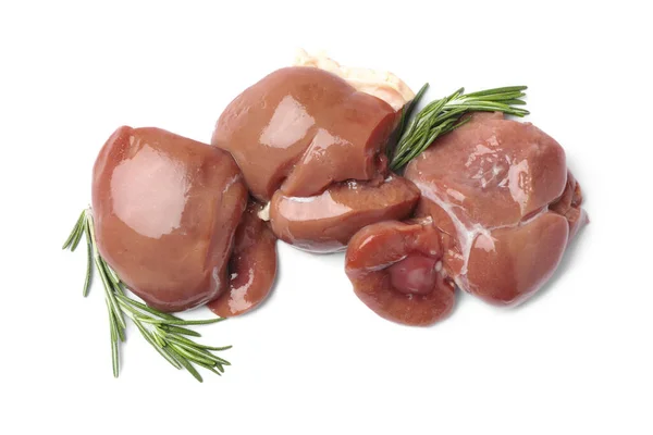 Fresh Raw Beef Kidneys Rosemary White Background Top View — Photo