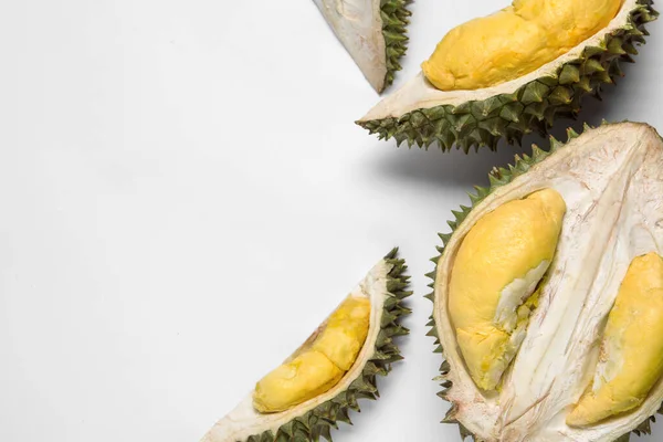 Pieces Fresh Ripe Durian White Background Flat Lay Space Text — Zdjęcie stockowe