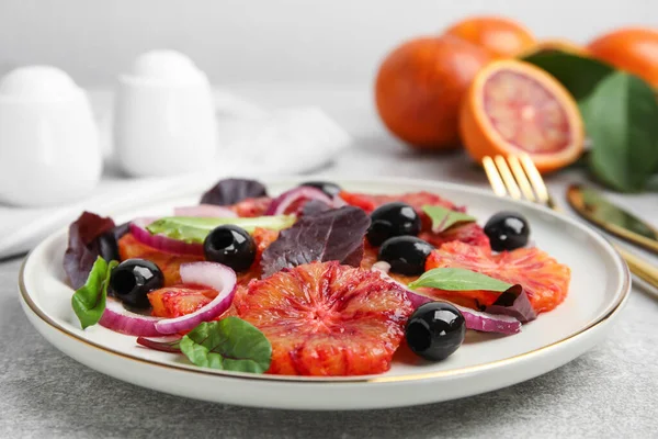 Plate Delicious Sicilian Orange Salad Grey Table Closeup Space Text — Fotografia de Stock