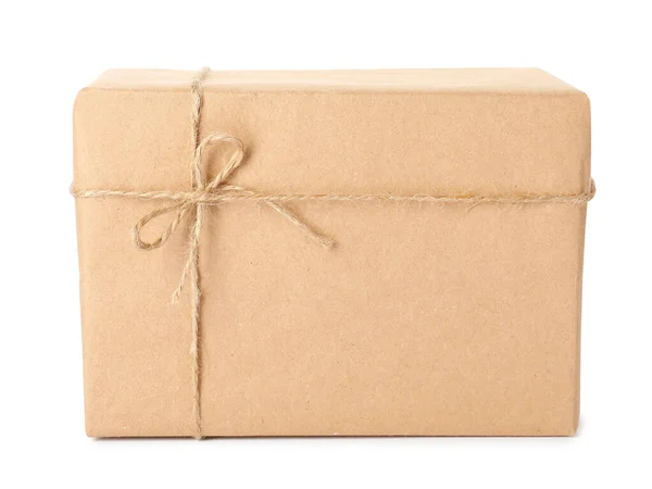 Parcel Wrapped Kraft Paper Twine Isolated White — Stock Photo, Image