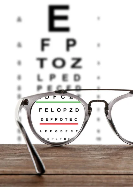 Glasses Wooden Table View Lenses Eye Chart White Background — Foto de Stock